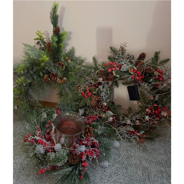 Holiday Wreaths and Candle Ring Set with Pinecones, Red Berries, Faux Greenery