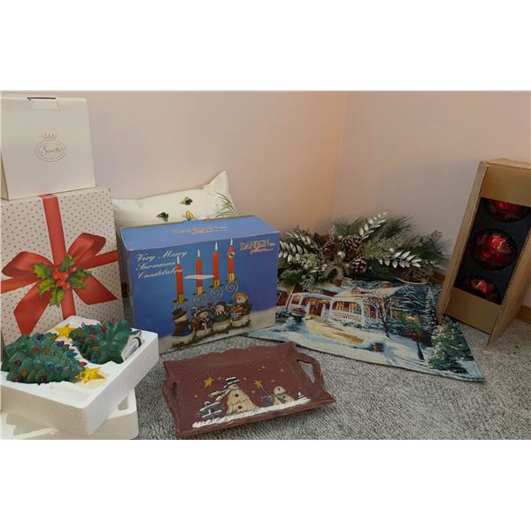 Christmas Decor Lot: Danson Very Merry Snowman Candelabra, Trees, Ornaments