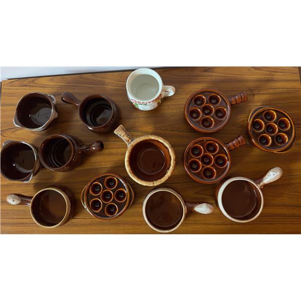 12 Brown Glazed French Onion Soup and Escargot Crocks with Tomato Soup Mug
