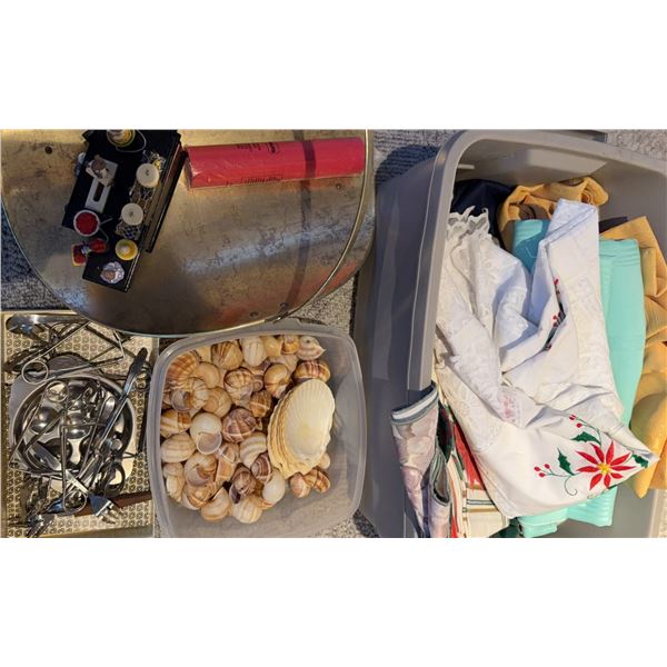 Textiles, Seashells, Metal Tools, and Decorative Miniature Stove