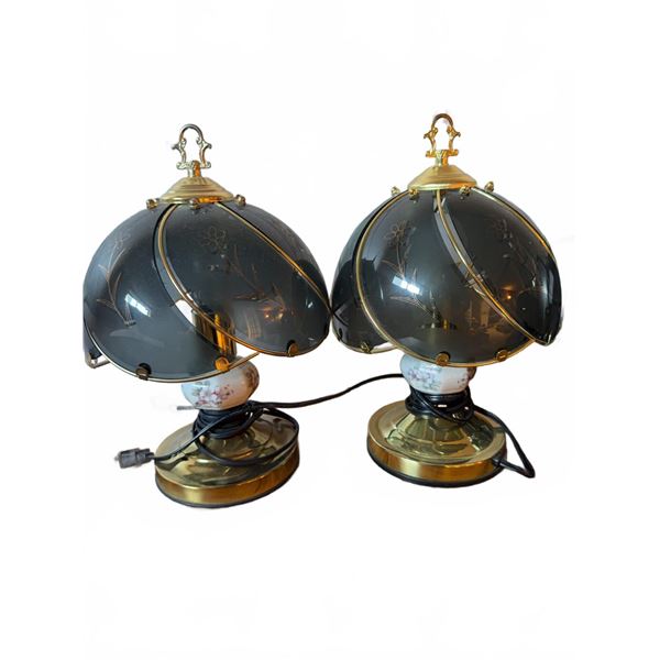 Brass and Glass Table Lamps with Floral Etched Shades and Porcelain Bases
