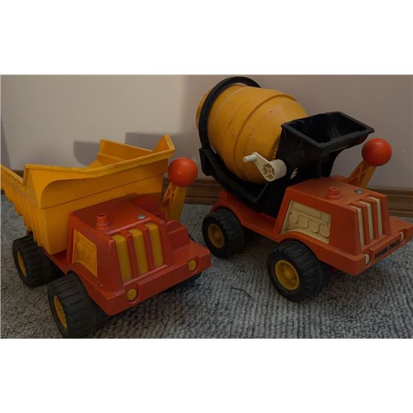 2 Plastic Construction Trucks: Dump Truck and Cement Mixer