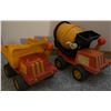 Image 1 : 2 Plastic Construction Trucks: Dump Truck and Cement Mixer