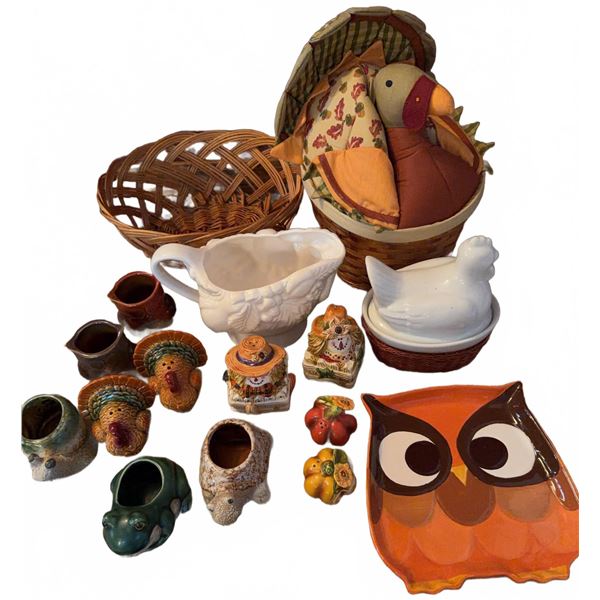Thanksgiving and Fall Decor Lot: Owl Plate, Ceramic Animals, Turkey Basket, Salt Shakers