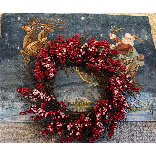 Holiday Wreath with Artificial Red Berries and White Accents