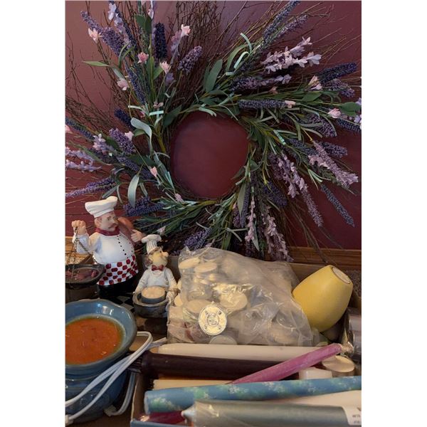Candles, Ceramic Chef Figurines, Wreath, and Wax Warmer Lot