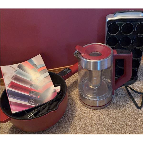 Curtis Stone Red Saucepan, Electric Kettle with Infuser, and Muffin Pan Set