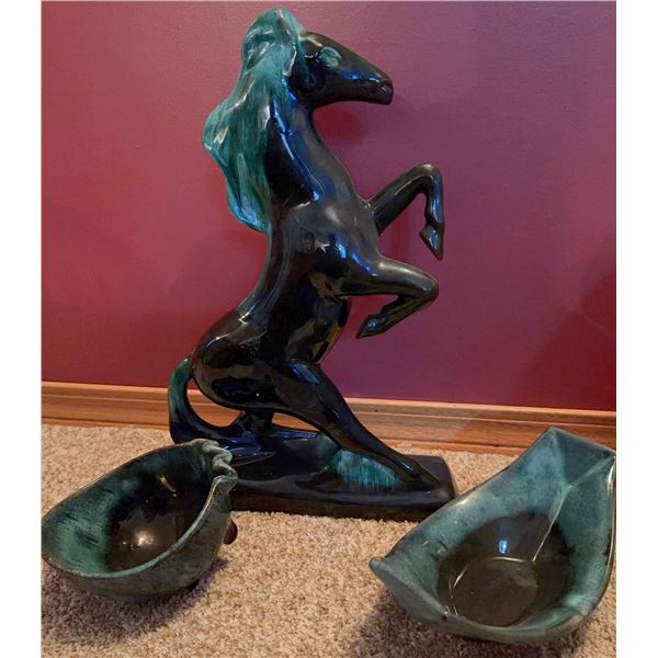 Black and Green Ceramic Rearing Horse Figurine With Two Matching Ceramic Bowls