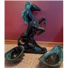 Image 1 : Black and Green Ceramic Rearing Horse Figurine With Two Matching Ceramic Bowls