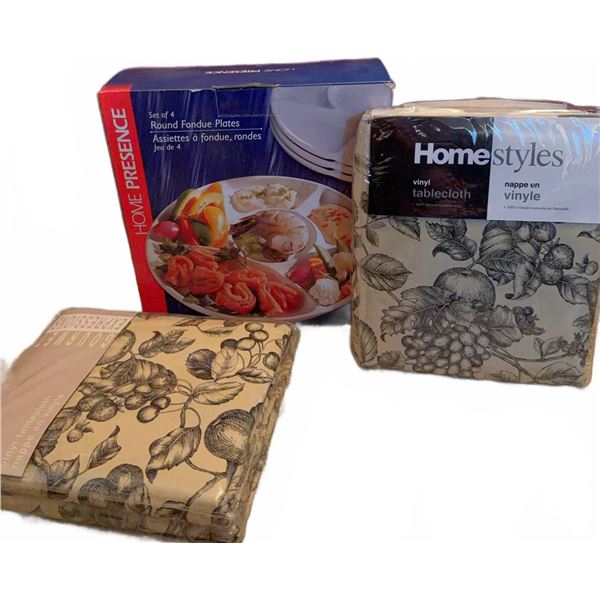 Home Presence Fondue Plates Set of 4 and 2 Homestyles Vinyl Tablecloths