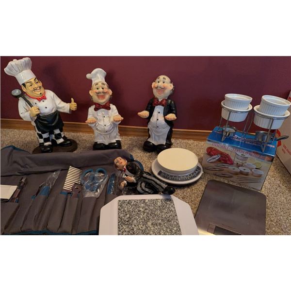 Kitchen Decor Set with Chef Figurines, Utensil Kit, Scales, Ramekin Set, and Serving Stone