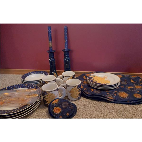 Celestial Sun and Moon Dinnerware Set with Candlesticks, Mugs, Plates, Placemats