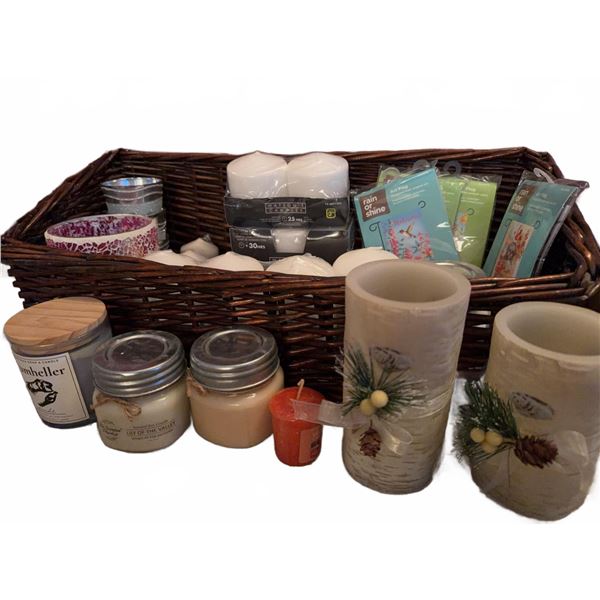 Candle and Wax Melt Lot with Basket, Jar Candles, Pillar Candles, Holders