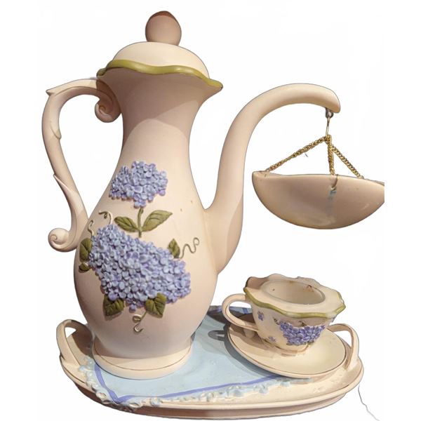 Porcelain Teapot Figurine Set with Blue Hydrangea Design and Teacup on Tray