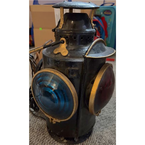 Early Railroad Lantern with Blue and Red Lenses, Metal Body, Electric Cord Attached