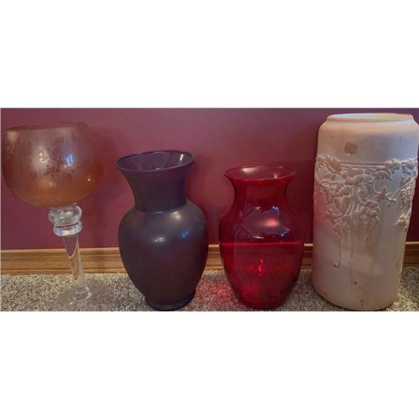Four Decorative Vases: Glass, Ceramic, and Embossed Floral Designs