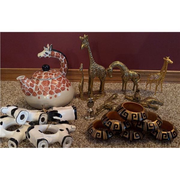 Animal Theme Lot: Giraffe Teapot, Brass Figurines, Cow Mugs, Napkin Rings