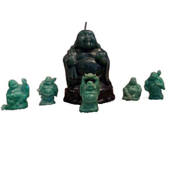 Six Green Buddha Figurines Assorted Styles Resin or Jade-Look