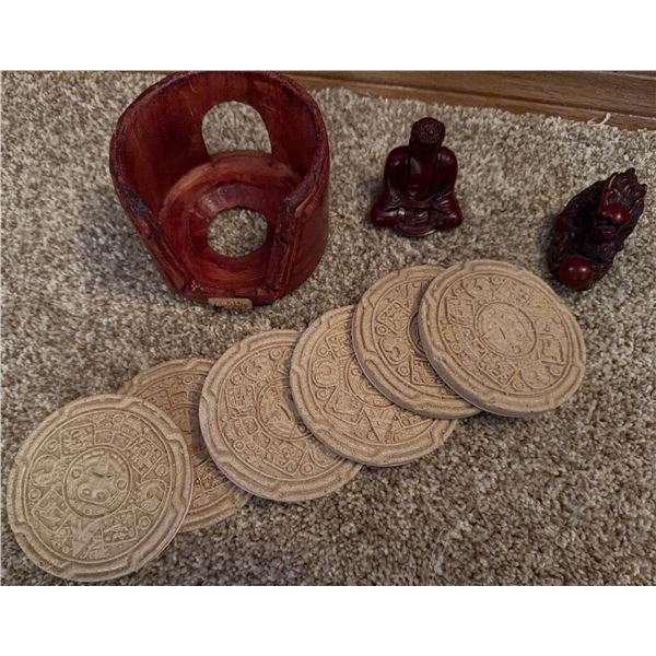 6 Aztec Calendar Stone Coasters With 2 Figurines and Wooden Holder