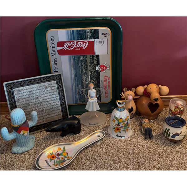 Decorative Collectibles Including Coca-Cola Tray, Figurines, Ceramic Spoon Rest