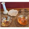 Image 1 : Lot: Hobnail Milk Glass Vase, White Dish, Divided Dish, 2 Carnival Glass Bowls