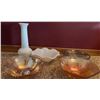 Image 2 : Lot: Hobnail Milk Glass Vase, White Dish, Divided Dish, 2 Carnival Glass Bowls