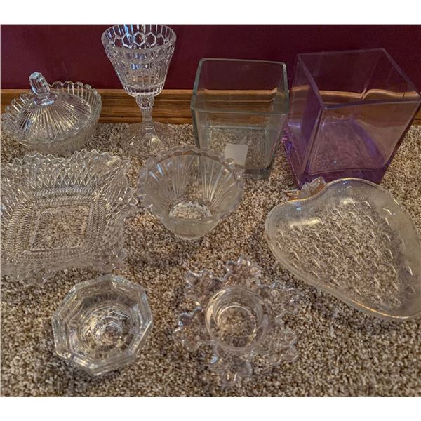 Pressed and Cut Glass Bowls, Goblet, Heart Plate, and Vases, 8-Piece Lot