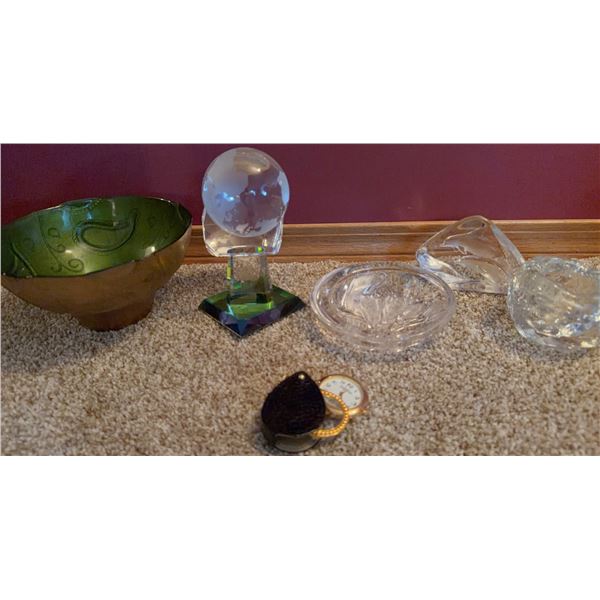 Crystal Bowls, Glass Paperweight, Green Bowl, and Portable Watch Lot