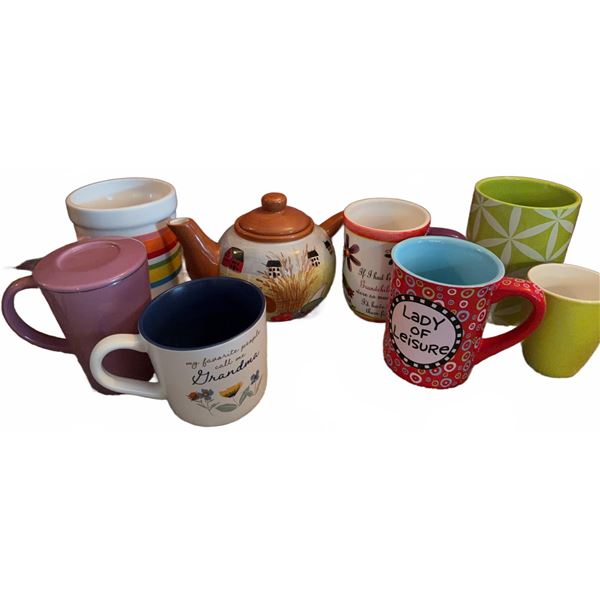 Ceramic and Porcelain Mugs with Decorative Teapot, Set of 11 Pieces