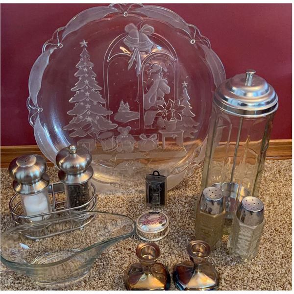 Glass and Metal Serveware and Tableware Including Christmas Platter