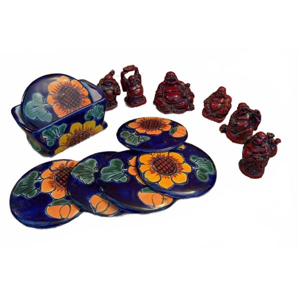 4 Hand-Painted Ceramic Sunflower Coasters with Holder and 6 Red Buddha Figurines