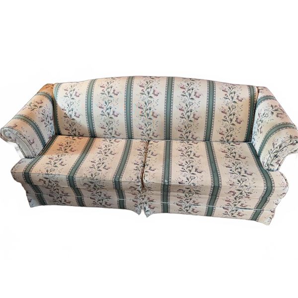 Three-Seat Sofa with Rolled Arms, Floral Upholstery, Cream and Green Stripes