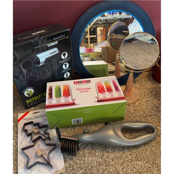 Lot: Conair Massager, Zoku Storage Case, Star Cookie Cutters, Grill Brush, Mirrors