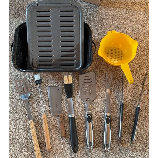 Roasting Pan, Grill Tools, Meat Cleaver, Tongs, Basting Brushes, and Strainer