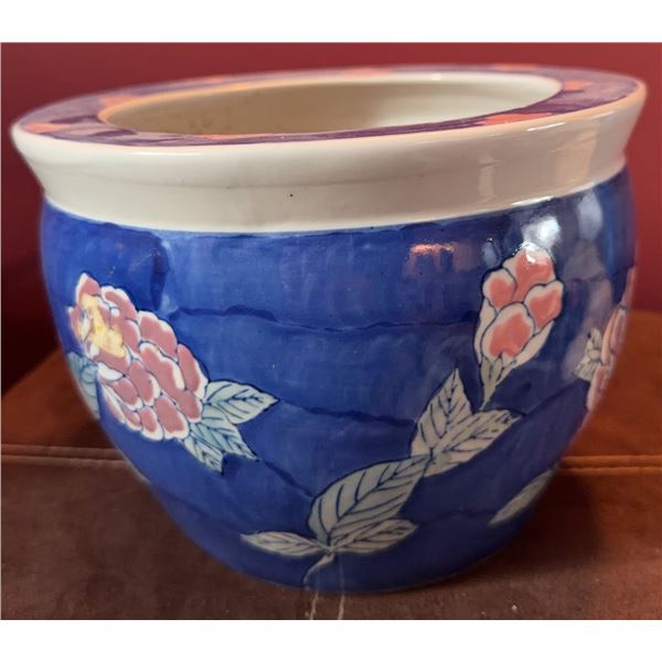Blue Ceramic Planter with Pink and White Floral Design
