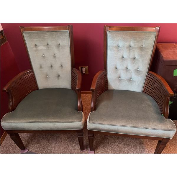 Wooden Armchairs with Button-Tufted Upholstered Seats and Cane Sides