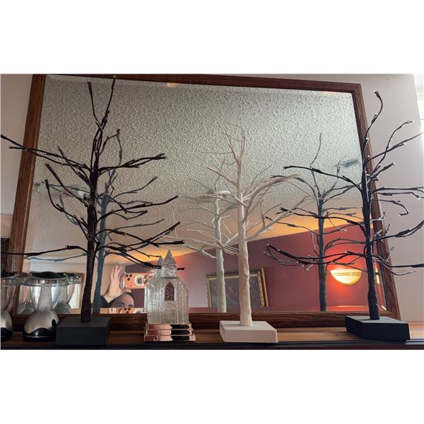Three Decorative Tree Sculptures on Wood Bases, White and Black Finishes