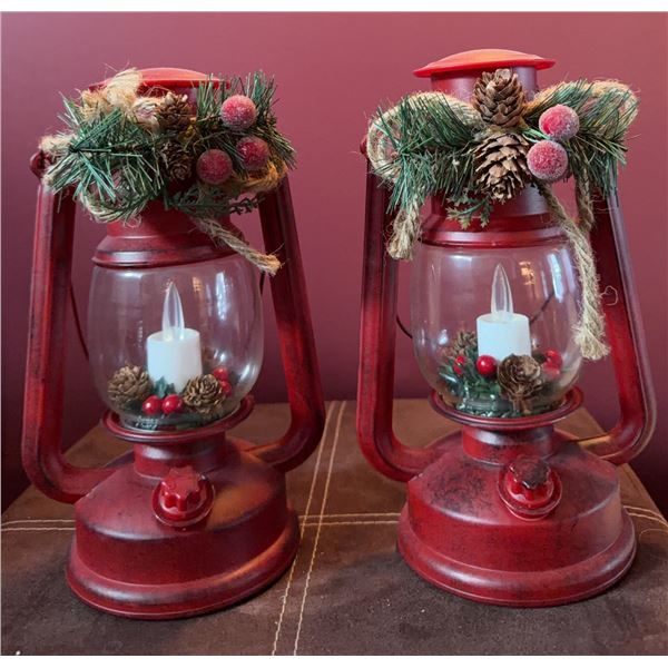 Decorative Red Lanterns with Holiday Pine and Berry Accents