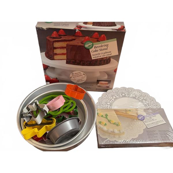 Wilton Revolving Cake Stand, Cake Pans, Cutters, and Doilies Baking Lot