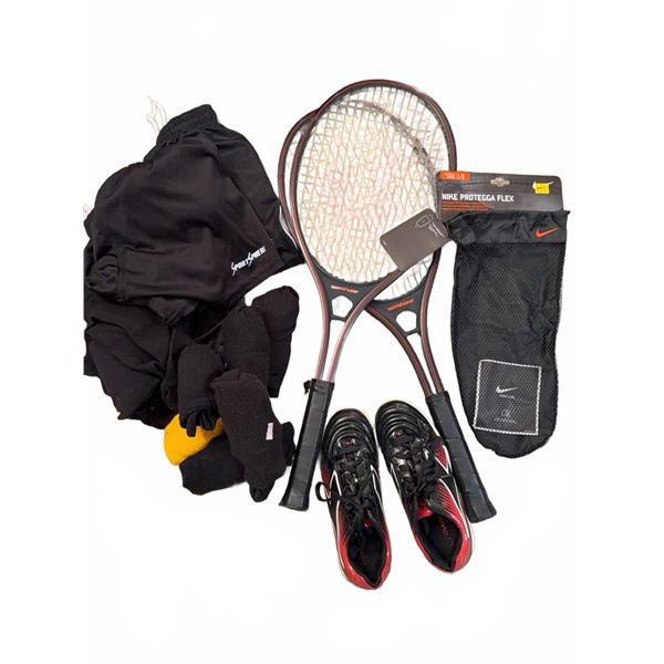 Tennis Bundle: 2 Rackets, Diadora Forza Boys US 4 Shoes, Sport Shorts, Socks, Nike Shin Guard