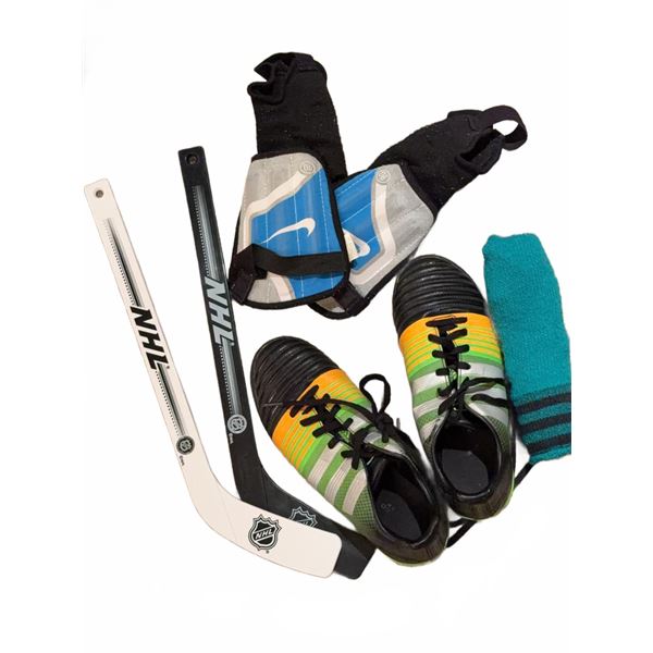 Youth Sports Lot With Adidas Soccer Cleats, Nike Shin Guards, NHL Mini Sticks, Sock Pair