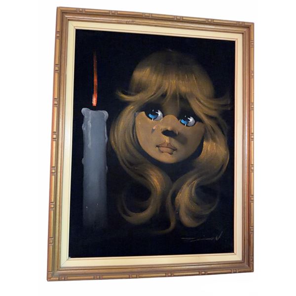 Oil Painting of Girl with Candle Signed T. Zinn in Gold-Tone Frame