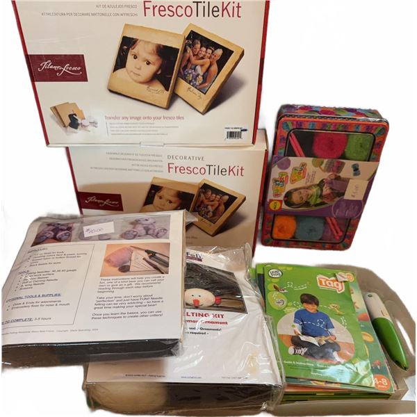 Craft Lot: FrescoTile Kits, Knitting Set, Felting Kit, LeapFrog Tag System