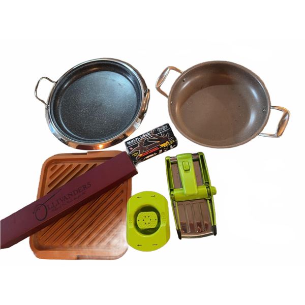 Lot: Pans, Cutting Board, Ollivanders Wand Box, Gerber Multi-Lock Tool, Slicer