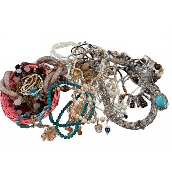 Costume Jewellery Lot With Necklaces, Beaded Strands, Bracelets And Basket