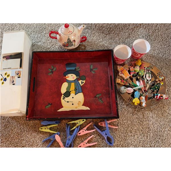 Lot: Red Serving Tray, Teapot, Clothespins, Wooden Utensils, Cups