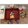 Image 1 : Lot: Red Serving Tray, Teapot, Clothespins, Wooden Utensils, Cups