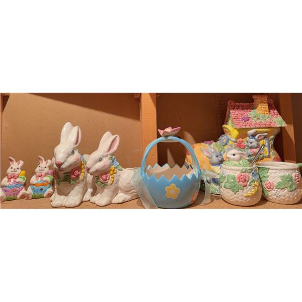 Ceramic Easter Decorations With Bunnies, Eggs, Basket, and House Scene