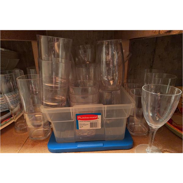Clear Glass Drinkware Including Tumblers and Wine Glasses with Rubbermaid Bin