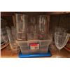 Image 1 : Clear Glass Drinkware Including Tumblers and Wine Glasses with Rubbermaid Bin
